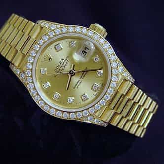 Ladies Rolex 18K Yellow Gold Datejust President Crown Collection Diamond 69158 (SKU T657096MTP)