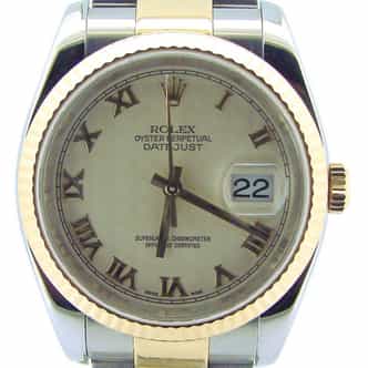 Mens Rolex Datejust 116233 Two-Tone 18k Gold and Steel Watch with Pyramid Roman Dial (SKU F670294NM)