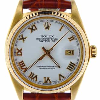 Pre Owned Mens Rolex Yellow Gold Datejust with a White Roman Dial 16018 (SKU 7412517NBRNBCDM)