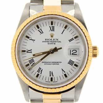 Mens Rolex Two-Tone Date Watch with White Roman Dial 15223 (SKU K162567NMT)