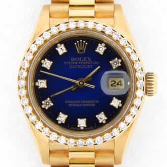 Ladies Rolex 18K Yellow Gold Datejust President Watch Blue Vignette Diamond 69178 (SKU L3BL59V476MT)