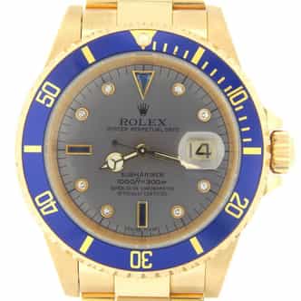 Mens Rolex 18K Yellow Gold Submariner Slate Diamond Blue 16618 (SKU A688645NNMT)
