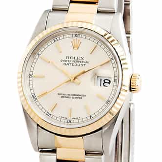 Mens Rolex Two-Tone 18K/SS Datejust Watch Silver Dial Ref. 16233 (SKU 16233TMT)