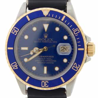 Mens Rolex Two-Tone 18K/SS Submariner Watch Blue 16803 with Rubber Strap (SKU 9301293AMT)
