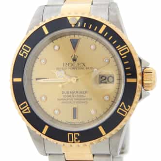 Mens Rolex Two-Tone Submariner Watch 16613 Champagne Serti Diamond Dial (SKU A402455AMT)