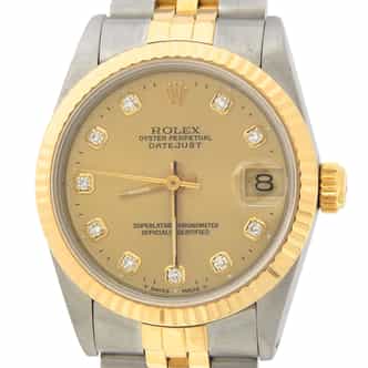 Ladies Mid Size Rolex Two-Tone Datejust Watch Champagne Diamond 68273 (SKU 961A412AMT)