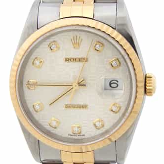 Mens Rolex Two-Tone Datejust Watch 16233 with Factory Silver Anniversary Diamond Dial (SKU Y605661AMT)