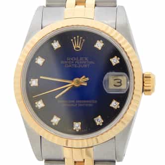 Ladies Mid Size Rolex Two-Tone Datejust Watch Blue Vignette Diamond 68273 (SKU R724002AMT)
