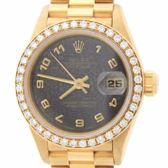 Ladies Rolex 18K Yellow Gold Datejust President Watch 69178 with Factory Diamond Bezel (SKU W621456SGAMT)