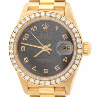 Ladies Rolex 18K Yellow Gold Datejust President Watch 69178 with Factory Diamond Bezel (SKU W621456SGAMT)