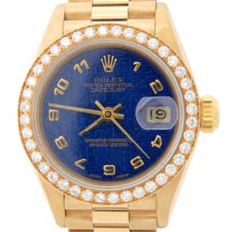 Ladies Rolex 18K Yellow Gold Datejust President Watch 69178 with Factory Diamond Bezel (SKU 9680700AMT)
