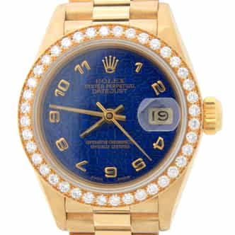 Ladies Rolex 18K Yellow Gold Datejust President Watch 69178 with Factory Diamond Bezel (SKU 9680700AMT)