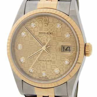 Mens Rolex Two-Tone 16233 Datejust Watch with Factory Gold Anniversary Diamond Dial (SKU K377434AMT)