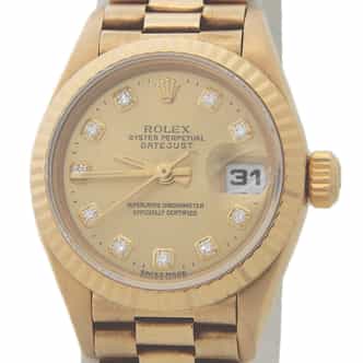 Ladies Rolex 18K Yellow Gold Datejust 69178 President Champagne Diamond (SKU U786990AMT)