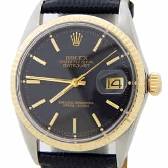 Mens Rolex Two-Tone Datejust 1601 Black Dial Watch with Black Leather Strap (SKU 1252423AMT)