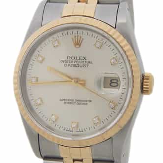 Mens Rolex Two-Tone Datejust Factory Silver Diamond Dial 16233 (SKU X421486AMT)