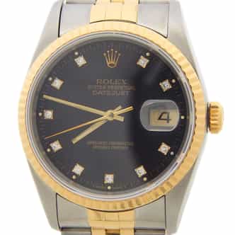 Mens Rolex Two-Tone Datejust Watch Ref. 16233 with Black Factory Diamond Dial (SKU X467248BAMT)
