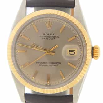 Mens Rolex Two-Tone Datejust 1601 Slate Gray Dial Watch with Brown Leather Strap (SKU 2158018BRAMT)