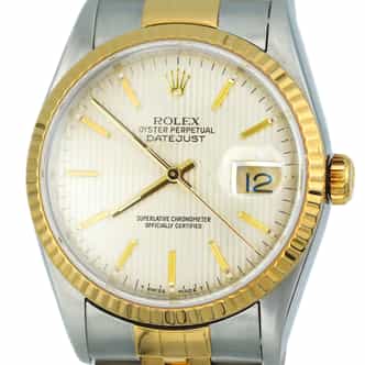 Mens Rolex Two-Tone 18K/SS Datejust Watch Silver Tapestry Dial 16233 (SKU S525252AMT)
