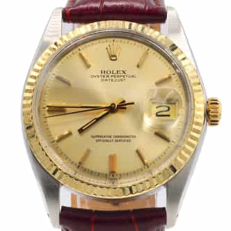 Mens Rolex Two-Tone Datejust 1601 Gold Champagne Dial Watch with Brown Strap (SKU 3036062FPAMT)