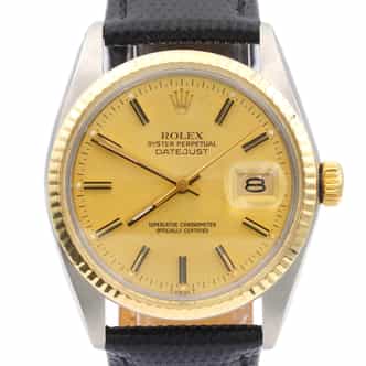 Mens Rolex Two-Tone Datejust 16013 Gold Champagne Dial Watch with Black Strap (SKU 5357927AMT)
