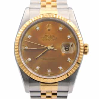 Mens Rolex Two-Tone Datejust Watch No Holes Model 16233 with Factory Diamond Dial (SKU S825300AMT)