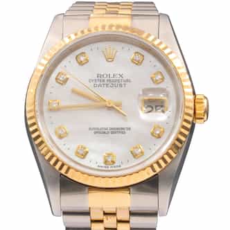Mens Rolex Two-Tone Datejust Watch Ref. 16233 with Factory MOP Diamond Dial and Papers (SKU T899593AMT)