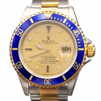 Mens Rolex Two-Tone Submariner 16613 with Gold Diamond & Blue Sapphire Serti Dial (SKU 16613DDFPAMT)