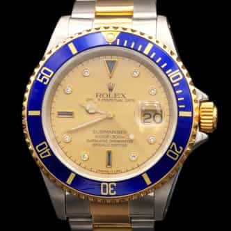 Mens Rolex Two-Tone 16613 Submariner Watch Champagne Serti Diamond Dial (SKU 16613DDFPAMT)