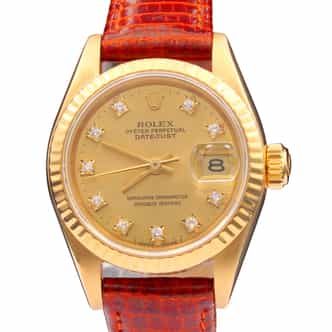 Ladies Rolex 18K Yellow Gold Datejust Watch Champagne Diamond Dial 69178 (SKU R294588AMT)