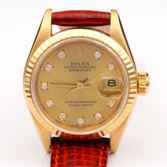 Ladies Rolex 18K Yellow Gold Datejust Watch Champagne Diamond Dial 69178 (SKU R294588AMT)