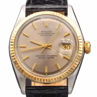 Mens Rolex Two-Tone Datejust 1601 Slate Gray Dial Watch with Black Leather Strap (SKU 2005461BLAMT)