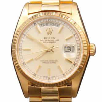 Pre-Owned Mens Rolex 18K Gold Day-Date Watch Silver Dial 18038 (SKU 5910006AMT)