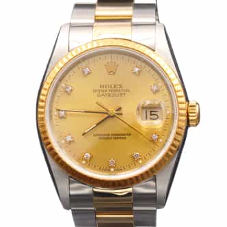 Mens Rolex Two-Tone Yellow Gold/ Stainless Steel Datejust Champagne Diamond Dial 16233 (SKU L972561AMT)