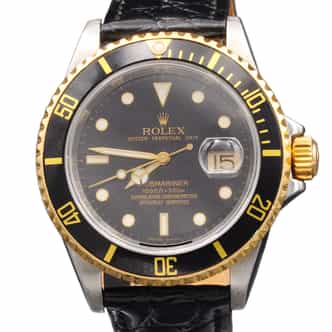 Mens Rolex Two-Tone Submariner 16613T Watch Bezel Engraved Rehaut with Black Dial & Bezel (SKU N311803LAMT)