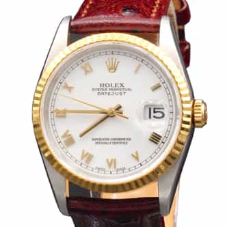 Mens Rolex Two-Tone 18K/SS Datejust Watch White Roman Dial 16233 (SKU T632476LAMT)