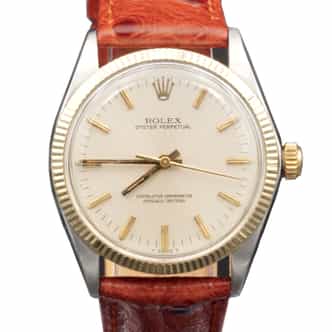 Mens Rolex Two-Tone 14k/SS Oyster Perpetual Watch Silver Dial 1005 (SKU 1107930AMT)
