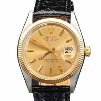 Mens Rolex Two-Tone Datejust 1601 Gold Champagne Dial Watch with Black Strap (SKU 581702AMT)