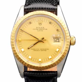 Mens Rolex Two-Tone 18K/SS Date Gold Champagne Dial Black Leather 15053 (SKU 8701735AMT)