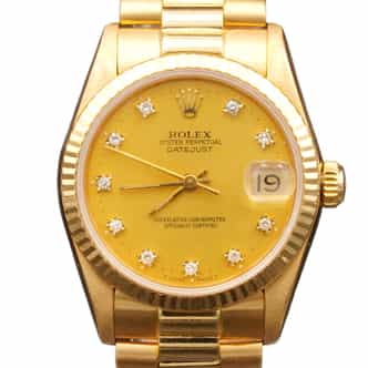 Mid Size Rolex 18K Yellow Gold Datejust Watch Champagne Diamond Dial 68278 (SKU 9039550AMT)