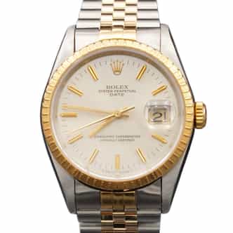 Mens Rolex Date 18K Gold Stainless Steel Watch Silver Gold Stick Dial 15223 (SKU S408410JAMT)