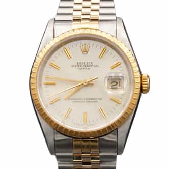 Mens Rolex Date 18K Gold Stainless Steel Watch Silver Gold Stick Dial 15223 (SKU S408410JAMT)