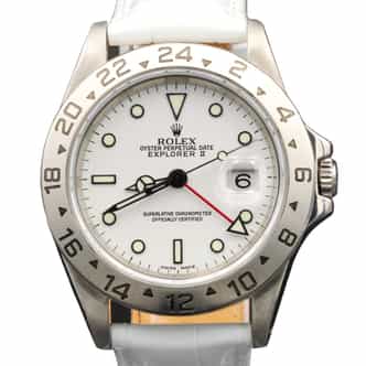 Mens Rolex Stainless Steel Explorer II White Dial White Leather Band Watch 16570 (SKU K618256WLAMT)