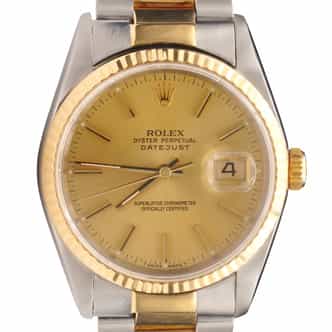 Mens Rolex Datejust 16233 Two-Tone Steel & 18K Watch Gold Dial Oyster Band (SKU E773360OAMT)