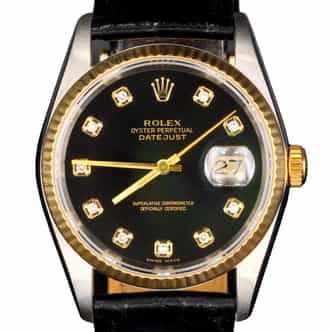 Mens Rolex Two-Tone Datejust Watch Factory Black Diamond Dial 16233 (SKU T119475BLAMT)