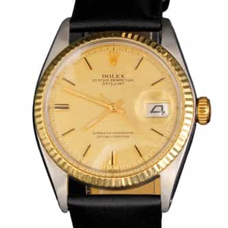 Mens Rolex Two-Tone Datejust 1601 Gold Champagne Dial Watch with Black Strap (SKU 3170657BLAMT)