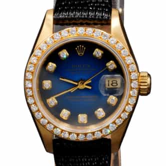 Ladies Rolex 18K Yellow Gold Datejust Watch Blue Vignette Diamond Dial 69178 (SKU E256384BLAMT)