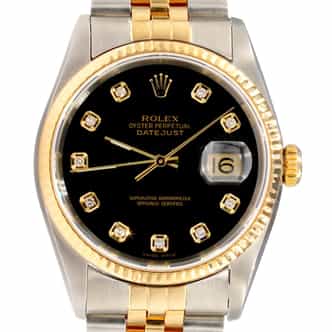 Mens Rolex Two-Tone Datejust Watch Ref. 16233 with Black Factory Diamond Dial (SKU P720219DAMT)