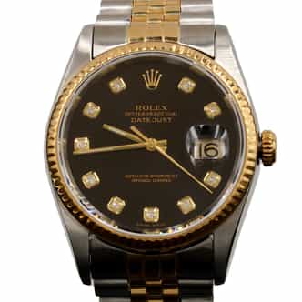 Mens Rolex Two-Tone Datejust Watch Ref. 16233 with Black Factory Diamond Dial (SKU P720219DAMT)