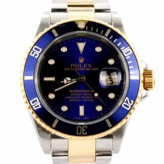 Mens Rolex Two-Tone Submariner 16613 Watch with Blue Dial and Bezel (SKU P355368AMT)